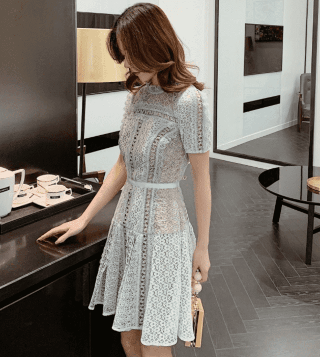 結婚式お呼ばれドレス服レースフレアドレス