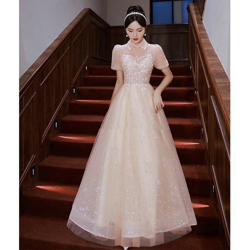 結婚式お呼ばれドレス きらめき襟付きチュールマキシワンピース
