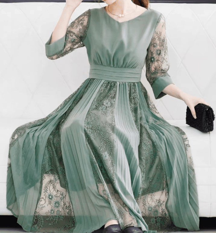 結婚式お呼ばれドレス シフォンプリーツシースルーワンピース
