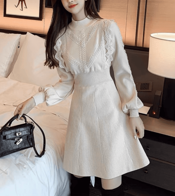 結婚式お呼ばれドレス トップスのレースがアクセント 厚手のミニワンピースドレス