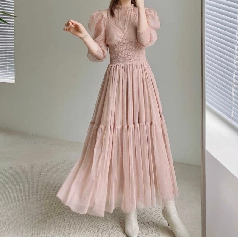 結婚式お呼ばれドレス パフスリーブメッシュティアードワンピース