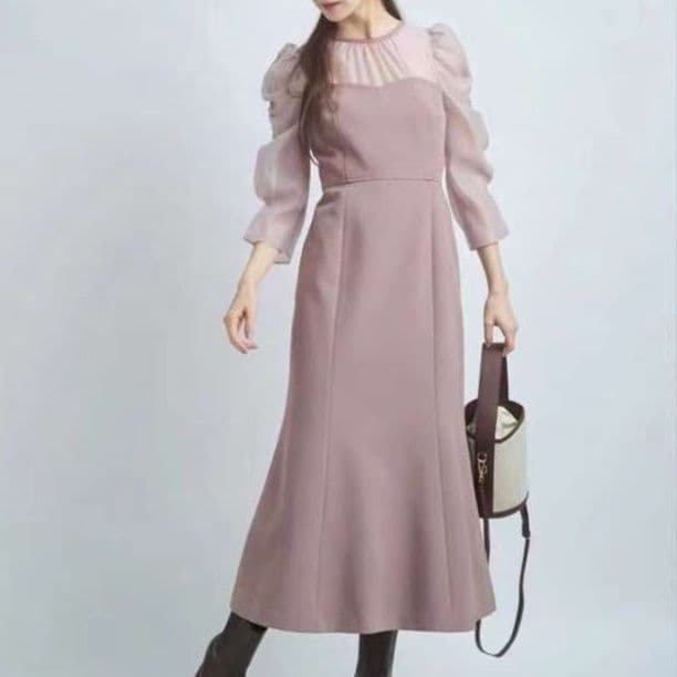 結婚式お呼ばれドレス シアー袖マキシドレス