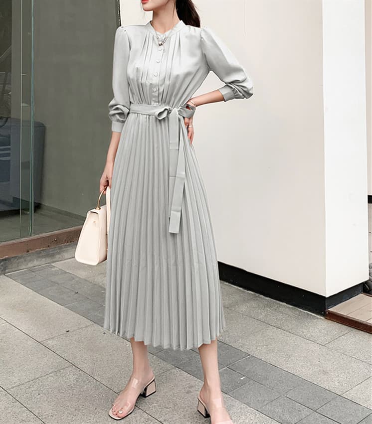 結婚式お呼ばれドレス 上品プリーツロングワンピース