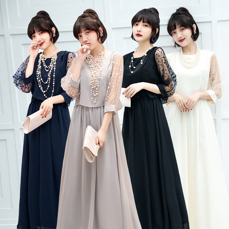 長袖レースシフォンワンピース 結婚式お呼ばれドレス