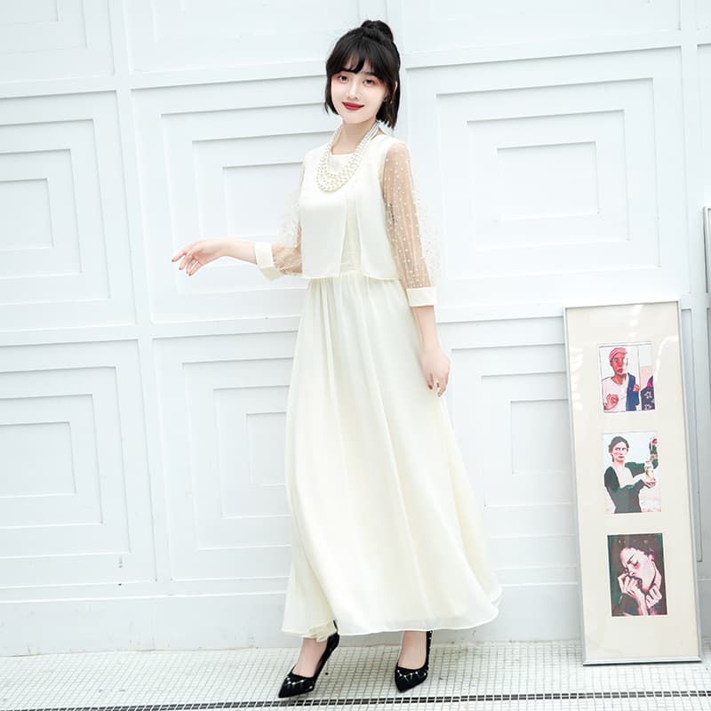 長袖レースシフォンワンピース 結婚式お呼ばれドレス