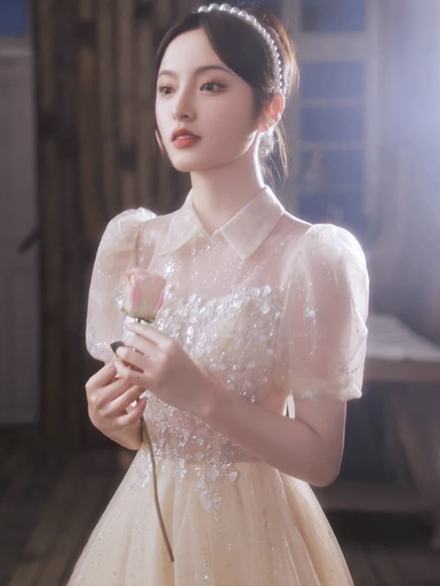 結婚式お呼ばれドレス きらめき襟付きチュールマキシワンピース