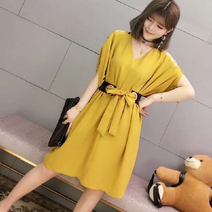 結婚式お呼ばれドレス エレガントVネックベルト付きワンピース