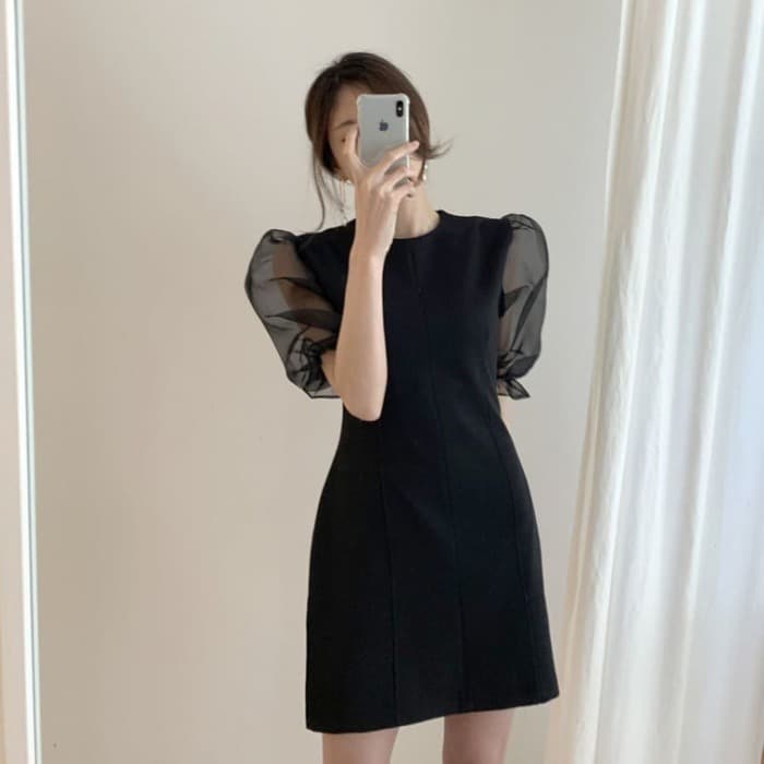 結婚式お呼ばれドレス服パフスリーブミニドレスワンピース
