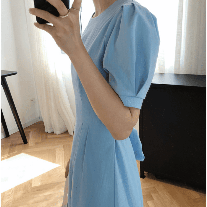 結婚式お呼ばれドレス ナチュラルウエストタックコットンワンピース