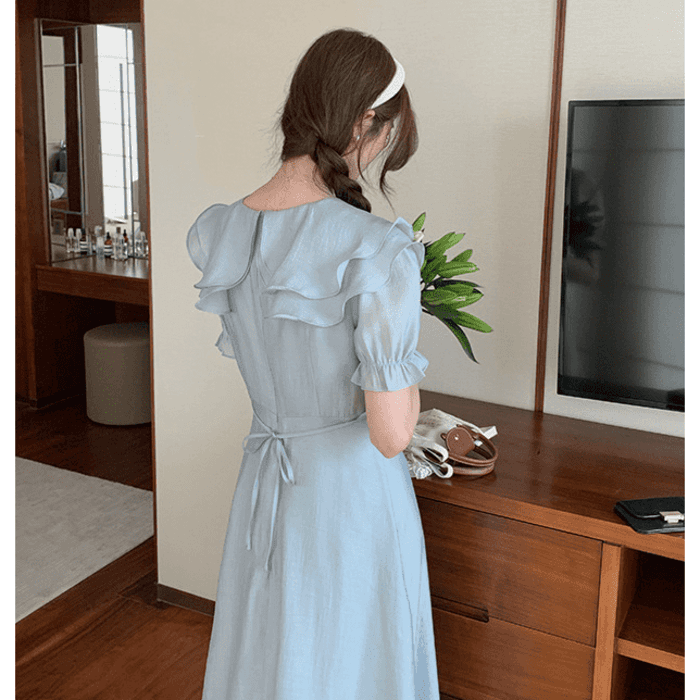 結婚式お呼ばれドレス服フリルネックドレスワンピース