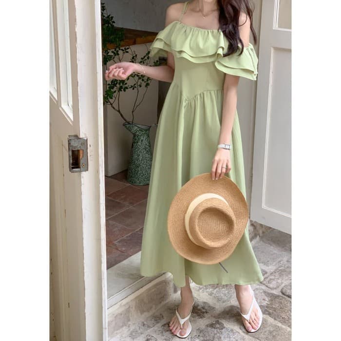 結婚式お呼ばれドレス服オフショルフリルドレスワンピース