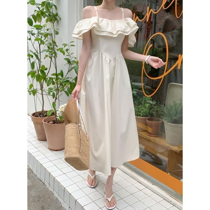 結婚式お呼ばれドレス服オフショルフリルドレスワンピース
