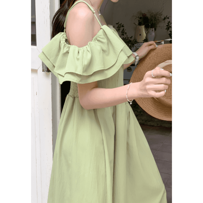結婚式お呼ばれドレス服オフショルフリルドレスワンピース